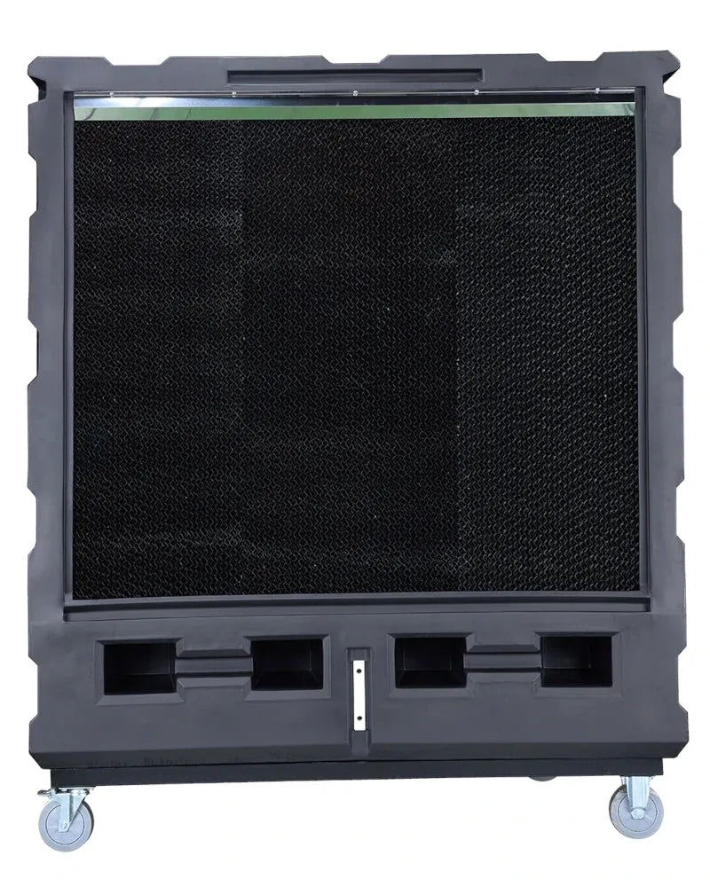 A large, black, industrial air cooler with a structured frame and several open compartments at the bottom. The Rex Evaporative Coolers - REX48000 by Rex Nordic is mounted on four caster wheels for easy mobility. This eco-friendly cooling system features low power consumption and houses a sizable filter or ventilation grid on the surface.