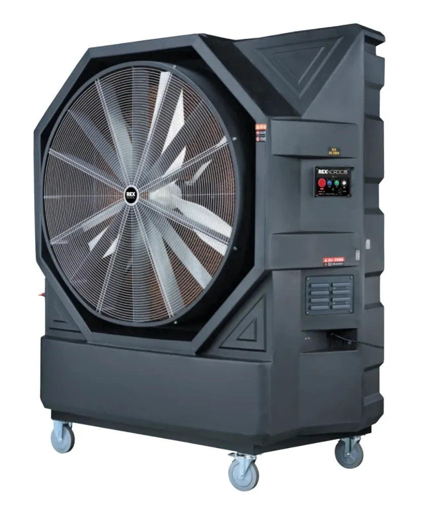 A large industrial cooling fan with a black exterior, hexagonal frame, and multiple blades. The Rex Evaporative Coolers - REX48000 by Rex Nordic is equipped with control buttons on the front and features low power consumption for eco-friendly cooling. It is mounted on four wheels for easy mobility.