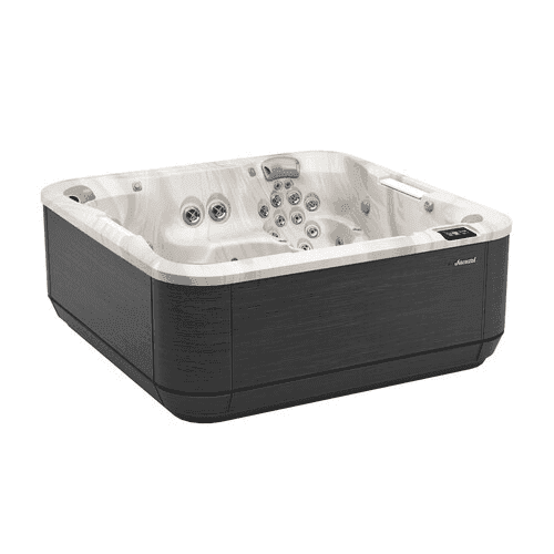 Hot tub with black exterior and white interior on a white background