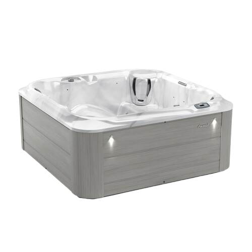 Hot tub with gray exterior and white interior on a white background