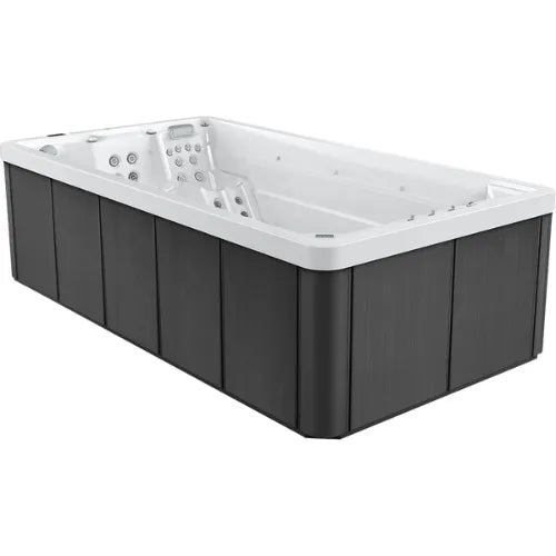 A rectangular black and white Oasis Riptide - Aqua Life Hydro 5.5 Swim Spa with built-in seating and multiple Power Flow Swim Jets by Oasis Spas. The exterior has a sleek, black panel finish, while the interior is smooth and white, featuring SPATECH TP10 Touchscreen Controls for customized hydrotherapy.