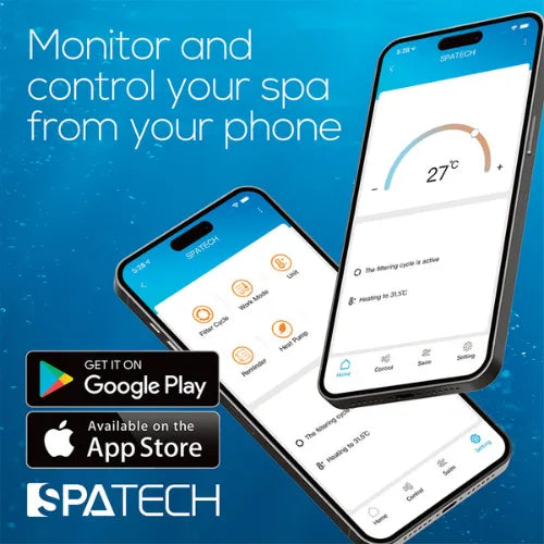 Two smartphones display the Oasis Spas app interface, showing spa temperature settings and touchscreen controls. Text reads, "Monitor and control your Oasis Riptide - Easy Life Pro 4.4 with Inverter Swim Spa from your phone." Below are icons for downloading the app from Google Play and the App Store, alongside the Oasis Spas logo.