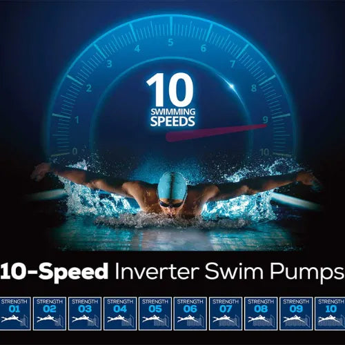 A swimmer wearing goggles and a swim cap is performing the butterfly stroke in a pool with an Oasis Riptide - Easy Life Pro 4.4 with Inverter Swim Spa by Oasis Spas displaying "10 Swimming Speeds" in the background. Below, icons labeled from Strength 01 to Strength 10 feature corresponding swimmer images, controlled by intuitive Touchscreen Controls.