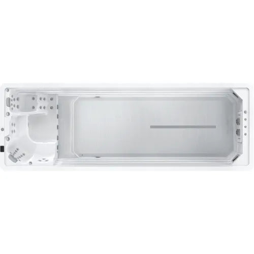Top view of a rectangular swim spa with a white interior. The spa features a smaller seating area with built-in jets on one end and an open swimming section with a single black swim lane line at the other end, powered by 3-inch Power Flow Swim Jets for dynamic resistance — Oasis Riptide - Easy Life Pro 7.0 with Inverter Swim Spa by Oasis Spas.