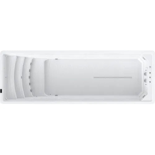 A top-down view of a rectangular white Oasis Riptide - Atlantis Pro Premium 7.0 Swim Pool with Inverter from Oasis Spas with a built-in seating area on one end and a straight backrest. The swim pool features sleek lines, a smooth surface, and multiple water jets along the sides for a spa-like experience. Additionally, it boasts patented 3-inch Power Flow Swim Jets for ultimate relaxation.