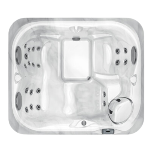 Top view of a hot tub with visible jets on a white background