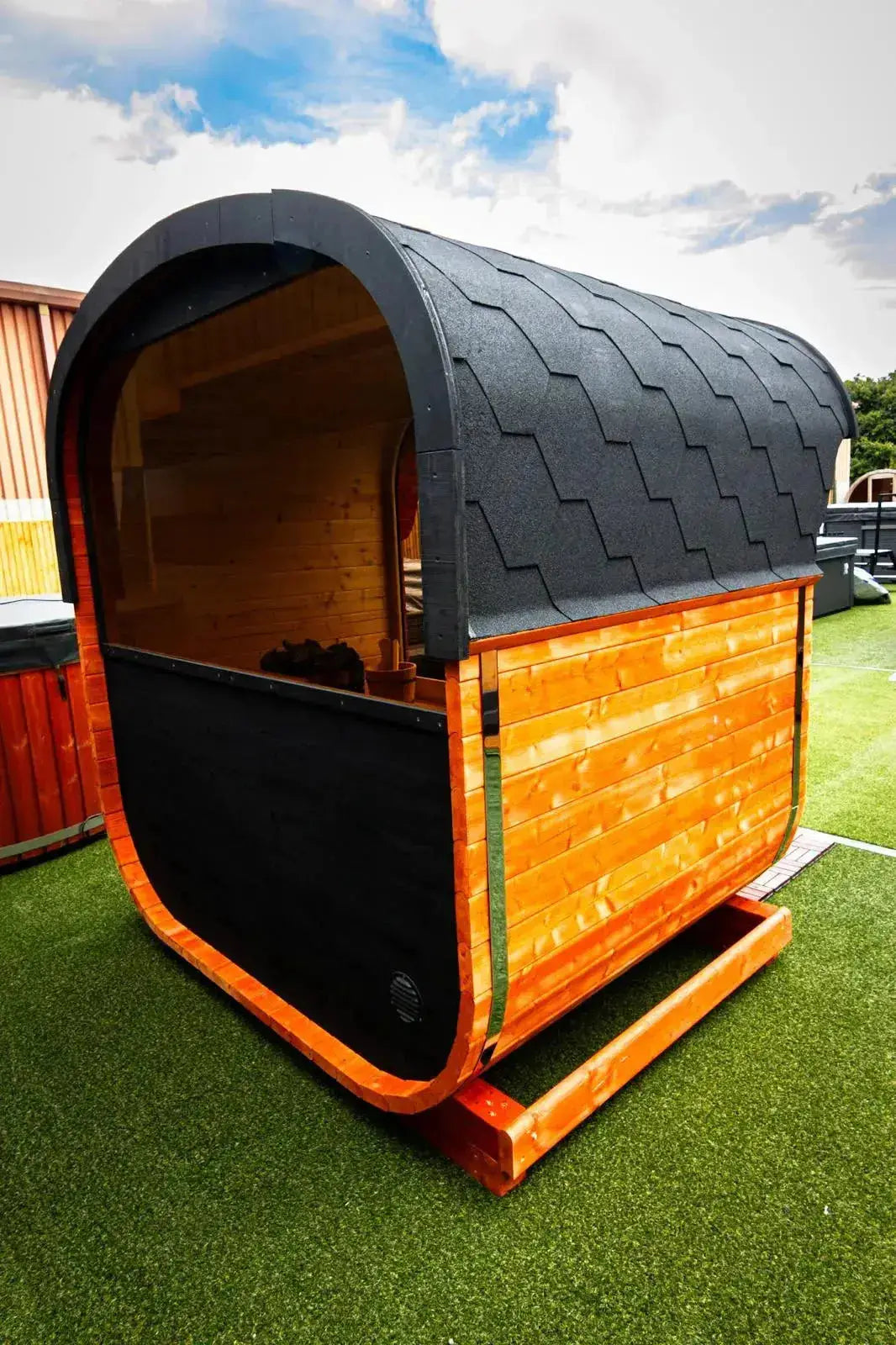 Side view of Woodpecker 2024 Cube Sauna