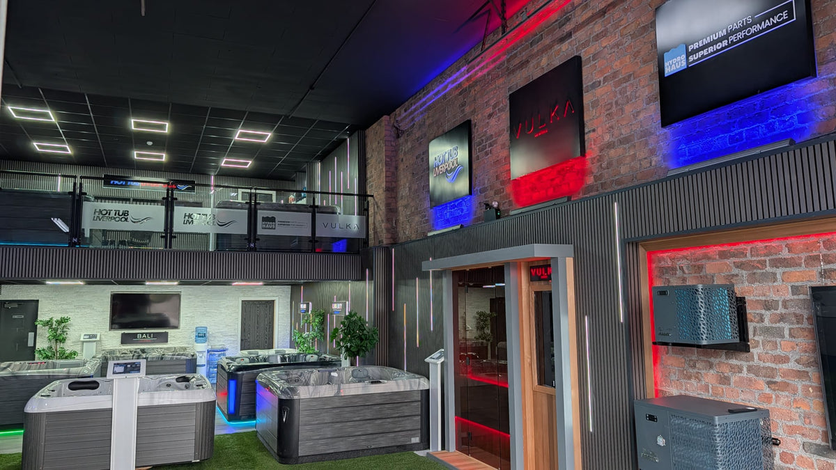 Hot Tub Liverpool's two-storey showroom with hot tubs, sauna and heat pump display