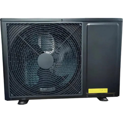 The Hot Tub Liverpool iNHEAT 7.2KW ON/OFF Black Box Heat Pump is an outdoor unit with a large circular fan on the left side and a solid panel on the right. Featuring a black and dark gray color scheme with a yellow label at the bottom right corner, this high-efficiency system is designed for heating and cooling, backed by a 2-year warranty.