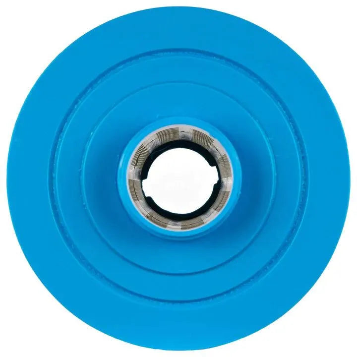 Close-up view of a blue Jacuzzi® - Filter for J415, 425, 465, 470, 480, 495 & J575,585 (2013+) with a black core. The filter is vibrant and has a smooth, shiny surface with an inner hole, likely for fitting onto a Jacuzzi axle. The design features concentric circular elements, reminiscent of the precision seen in Jacuzzi filters.