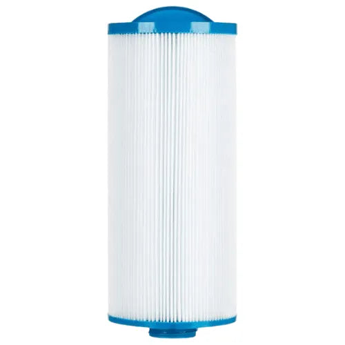 This image shows a white cylindrical hot tub filter with blue plastic end caps. The filter features vertical ridges running along its length, indicating its pleated design for increased surface area. It is likely used for water or air filtration and could be a Jacuzzi® approved filter, specifically the Jacuzzi® - J460 Large Filter, suitable for models like the Jacuzzi J460.