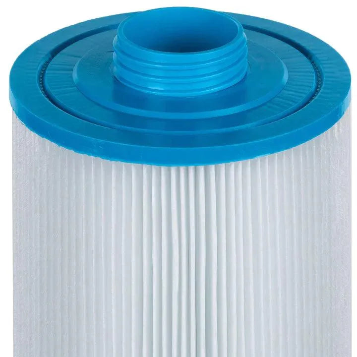 Close-up of a Jacuzzi® - J460 Large Filter with a blue plastic top, featuring threaded grooves for attachment. The filter's white pleated material extends downward from the blue top, indicating a design for efficient filtration in your Jacuzzi J460 hot tub.