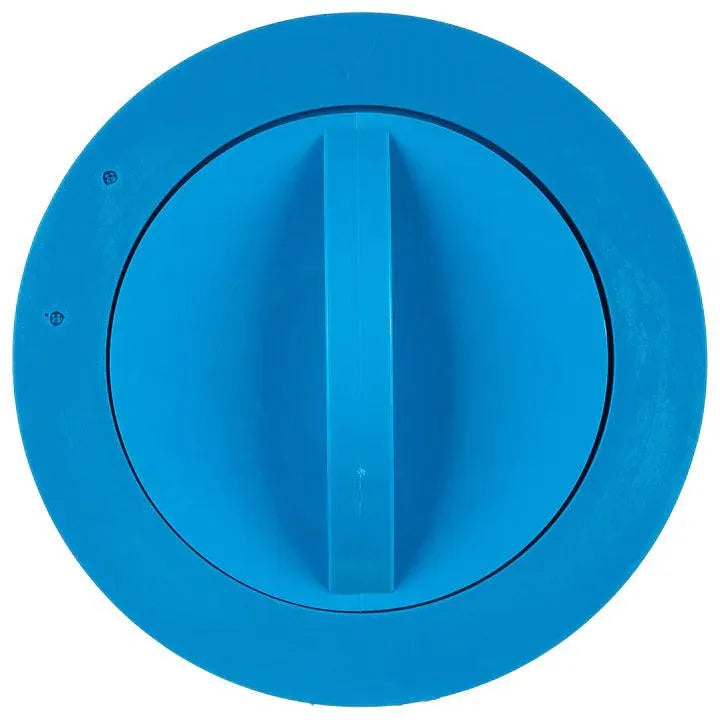 A close-up view of a blue plastic round object with a central cylindrical handle, resembling a large knob or dial. The object, which appears to be part of a Jacuzzi® - J460 Large Filter, is placed against a white background.