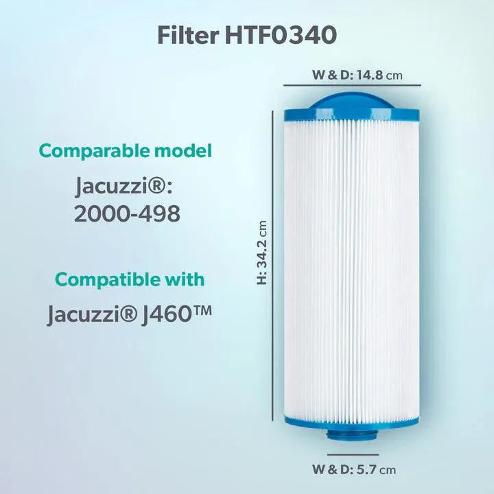The image shows a blue and white cylindrical pool filter labeled "Jacuzzi® - J460 Large Filter." Standing 34.2 cm tall with a diameter of 14.8 cm, it features 5.7 cm ends. This Jacuzzi® approved hot tub filter is compatible with Jacuzzi models 2000-498 and J460™.