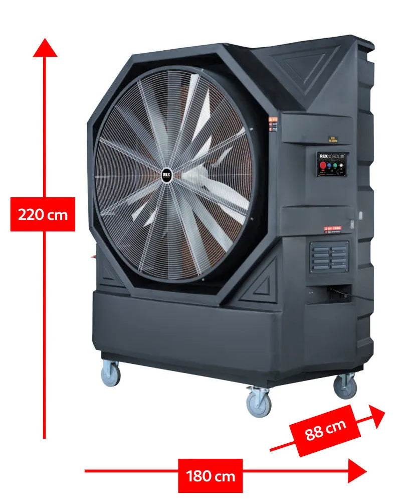 A large, black Rex Evaporative Coolers - REX48000 from Rex Nordic on wheels with dimensions marked in red arrows: height 220 cm, width 180 cm, and depth 88 cm. Featuring a control panel on the right side, this eco-friendly cooling fan has blades encased in a protective grille.