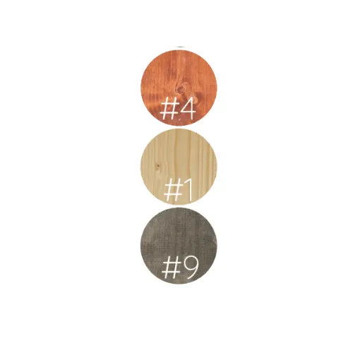 Three circular wood samples labeled with numbers, showcasing materials perfect for ergonomic design. From top to bottom: #4 (reddish-brown), #1 (light beige), and #9 (grayish-brown). Ideal for creating stunning Sunbeach Spas Woodpecker 2.5M Lux Outdoor Barrel Sauna (Pre-Built) or crafting beautiful alder wood benches.