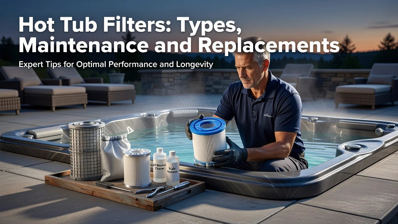 Professional header image for educational tutorial: Hot Tub Filters: Types, Maintenance and Replacements
