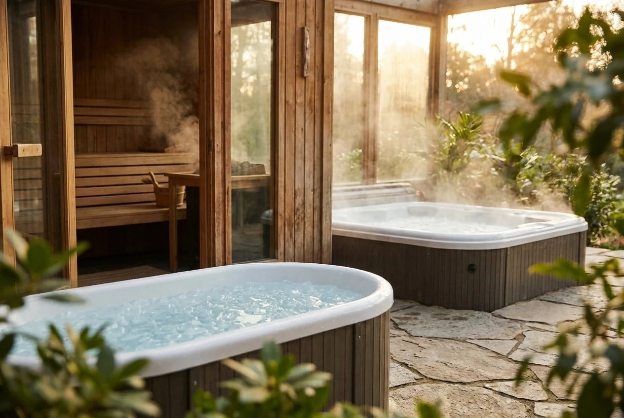 Professional header image for educational tutorial: Sauna and Cold Plunge: Your Beginner's Guide to Contrast ...