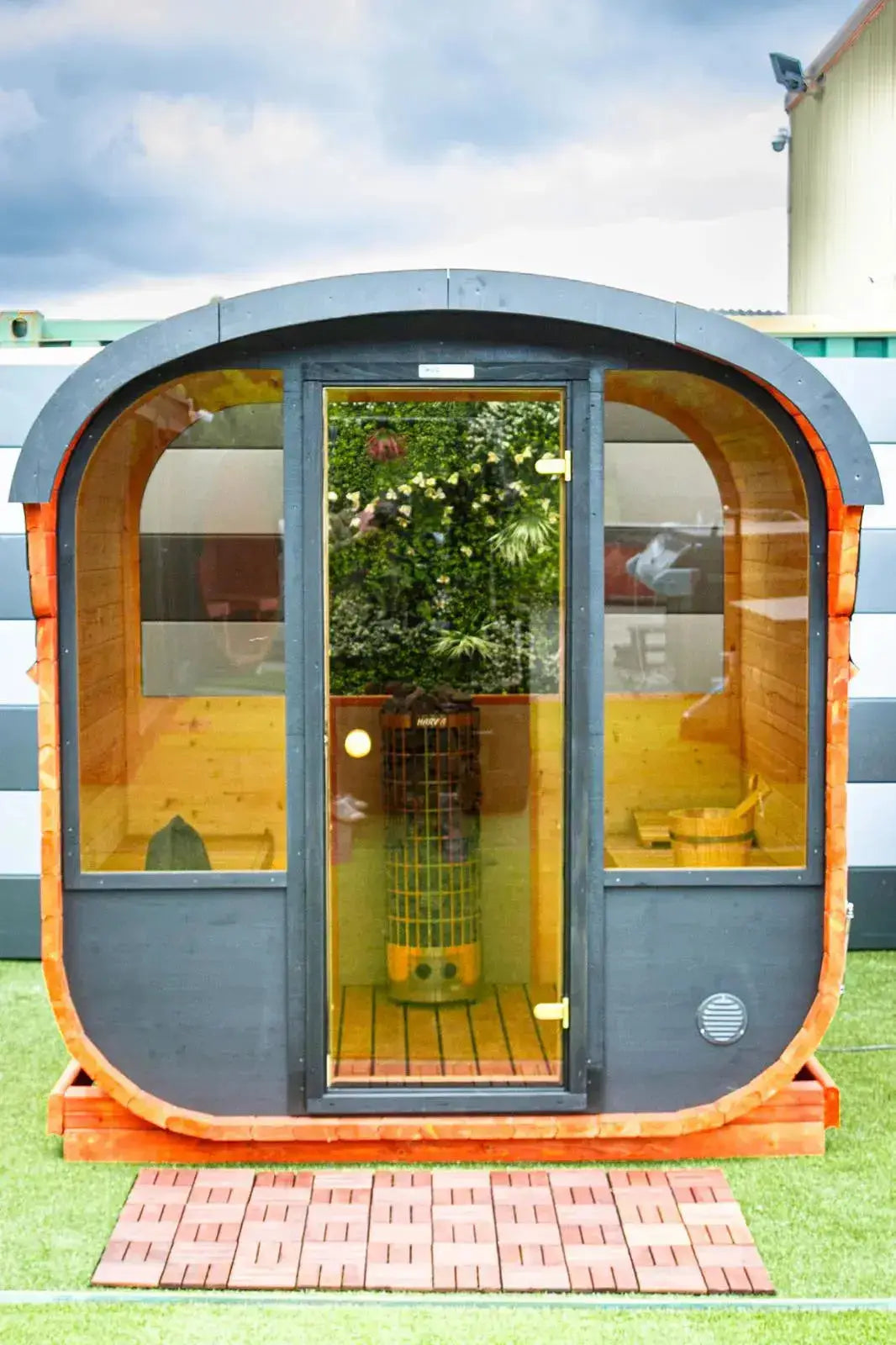 Front view of Woodpecker 2024 Cube Sauna