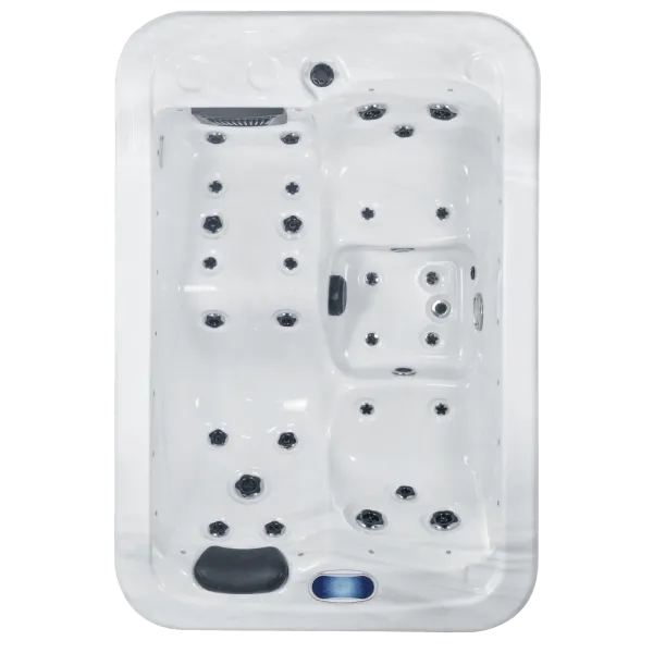 Top view of a white, rectangular Sunbeach Spas - SB347L - (13 / 20 Amp) by Hot Tub Liverpool featuring multiple black jet nozzles. The hot tub, with its Aristech Acrylic Shell, has two distinct seating areas—one with a contoured lounge seat and another with two upright seats. The surface boasts a marble-like texture.