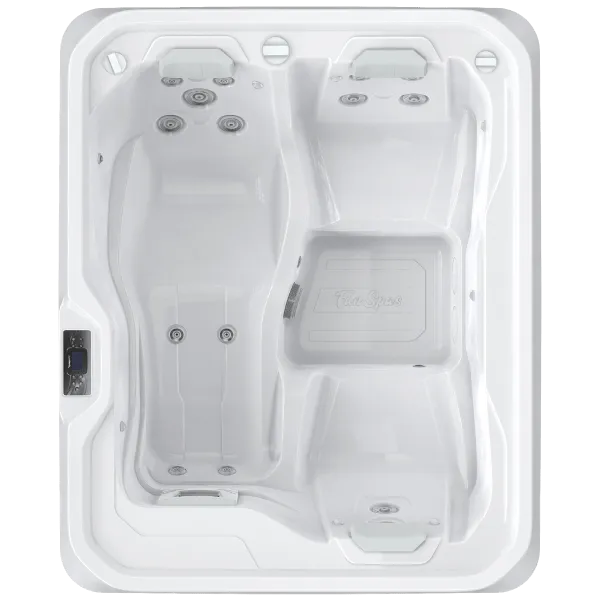 A top-down view of the Hot Tub Liverpool OASIS - Fun Spa 3 - HFA160S - (13 Amp) showcases a white, rectangular hot tub. It features multiple jets, two individual seating areas, and a SPATECH control system on the left side. The hot tub is empty and clean, with a sleek and modern design.