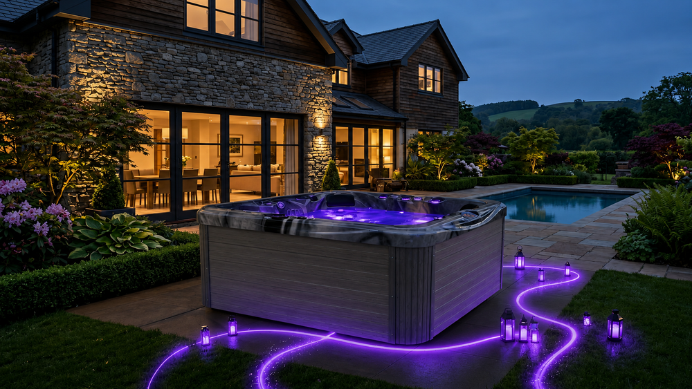 Aura collection hot tub in a garden with vivid purple lighting