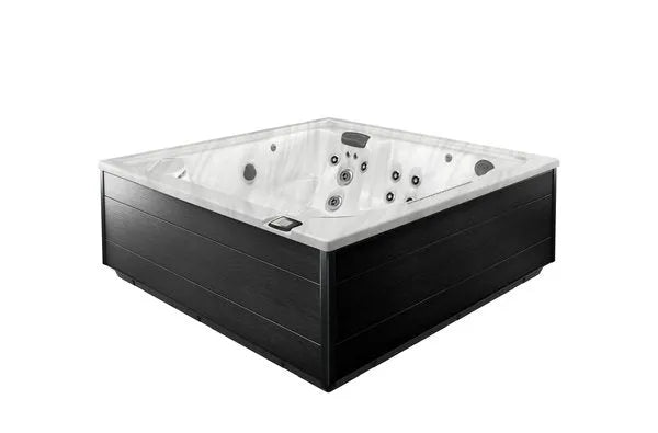 A Jacuzzi - J-LXL Hot Tub with a black exterior and a white interior featuring multiple water jets. The Jacuzzi offers hydrotherapy benefits, has a modern, minimalist design, and appears to be designed for several people.