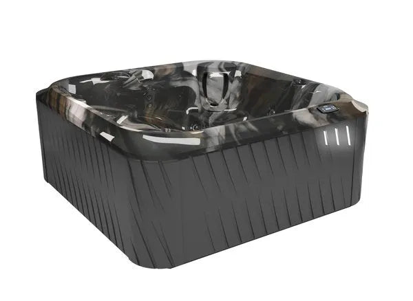 A square, sleek modern hot tub with a marbled black and white interior. The exterior features a textured, dark panel design. There are water jets visible inside and a small control panel at the top edge for temperature and jet control. Enjoy an indulgent hydromassage experience with this J-235 CLASSIC HOT TUB WITH LOUNGE SEAT - NEW MODEL by Jacuzzi.