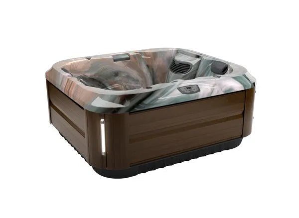 A modern hot tub with a sleek wooden exterior and a gray marbled interior. The J-315 COMFORT HOT TUB WITH LOUNGER FOR SMALL SPACES by Jacuzzi, featuring PowerPro® jets, has built-in controls and offers hydrotherapy benefits for a luxurious and relaxing experience. The overall design is contemporary and elegant.