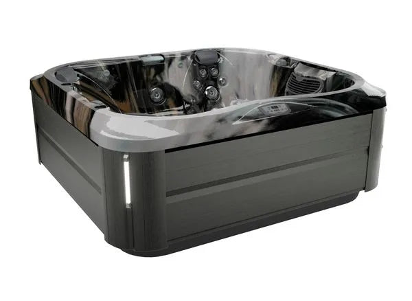 A large, modern Jacuzzi J-355 HOT TUB WITH COMFORT LOUNGE SEATING & COOL DOWN SEAT with multiple jet configurations and a sleek, dark wood-paneled exterior. The interior features a shiny, marble-like finish with various controls and built-in seating areas. Equipped with hydrotherapy jets, the design showcases sophisticated, luxurious aesthetics.