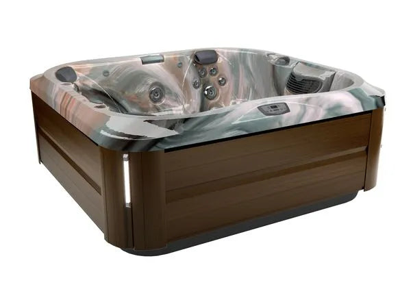 A **Jacuzzi J-355 HOT TUB WITH COMFORT LOUNGE SEATING & COOL DOWN SEAT** with a wood-paneled exterior and marbled interior. The tub features hydrotherapy jets, digital controls, and headrests. The overall design is modern and sleek.
