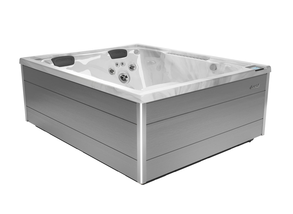 Hot tub with wooden exterior on a white background