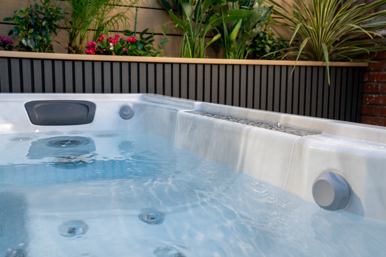 Hot tub with water in an outdoor setting with plants and a wall.