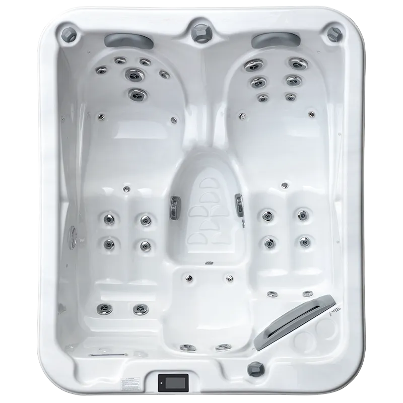 Overhead view of a white, rectangular OASIS - RX-170 - HEATWAVE - (32 Amp) by Hot Tub Liverpool featuring two lounge chairs with built-in headrests and numerous water jets. The hot tub appears to have a Gecko control system on one side and additional seating in the middle with full foam insulation for enhanced energy efficiency.