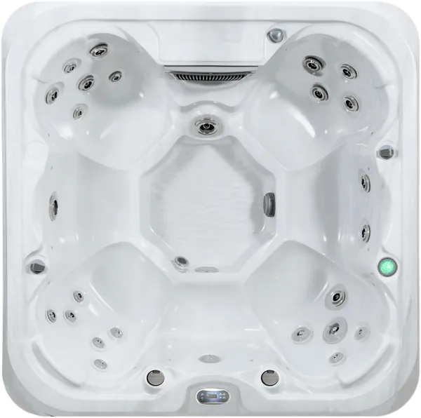 A top-down view of an empty, white, octagonal Hot Tub Liverpool Sunbeach Spas - SB354S - HSG282  - (13/20 Amp) with an Aristech Acrylic Shell featuring four seating positions, each equipped with multiple water jets. The hot tub includes a Balboa TP500S Control Panel at the bottom edge and a green indicator light on the right side.