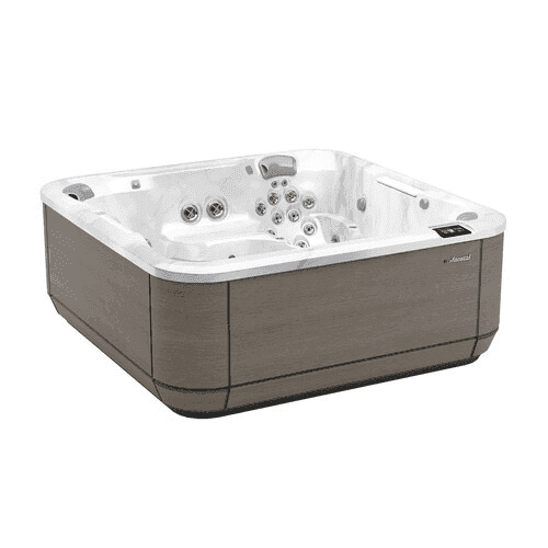 Hot tub with wooden exterior and white interior on a white background