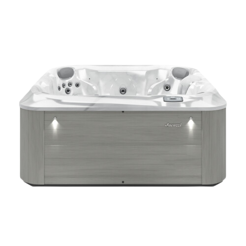 Hot tub with gray exterior and white interior on a white background