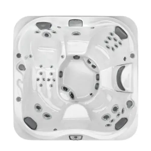 A top-down view of a white Jacuzzi J-335 COMFORT HOT TUB WITH OPEN SEATING with various seating positions. The hot tub features Jacuzzi® PowerPro® jet technology for massaging, headrests, and a control panel. The sleek design includes a built-in waterfall feature, ProClear® filtration system, and spacious seats for several people.