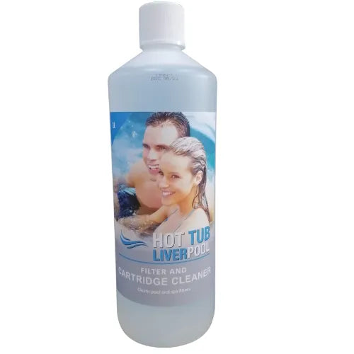 A bottle of Hot Tub Liverpool Filter & Cartridge Cleaner - 0.5L designed for hot tub maintenance. The label features an image of a smiling couple in a pool. The bottle is white with a blue-themed label and white cap, ideal for use in pools and spas.