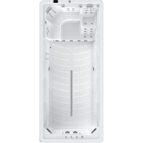 A white rectangular Oasis Riptide - Aqua Life Hydro 5.5 Swim Spa from Oasis Spas with Power Flow Swim Jets and seating areas at one end. The spa features side handrails, a non-slip bottom, and SPATECH TP10 Touchscreen Controls for adjusting water flow and temperature. The middle section is spacious, designed for swimming or relaxation.