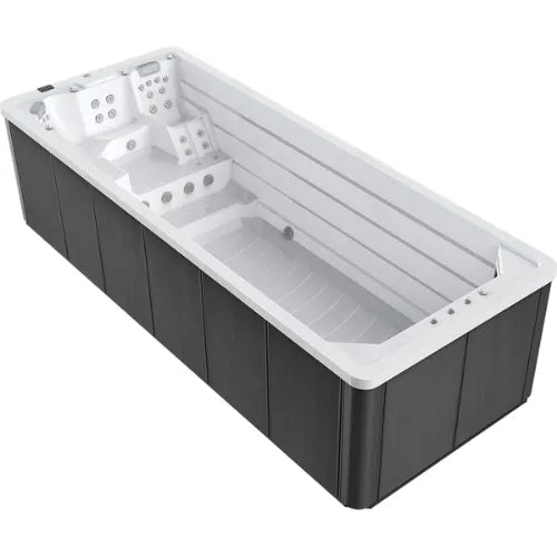 An Oasis Spas Oasis Riptide - Easy Life Pro 6.0 with Inverter Swim Spa with a white interior and dark wood-paneled exterior. The spa features multiple built-in seats with 3-inch Power Flow Swim Jets, steps leading into the water, and a flat bottom for swimming. The design is modern and sleek.