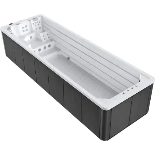 A sleek, rectangular Oasis Riptide - Easy Life Pro 7.0 with Inverter Swim Spa by Oasis Spas with a dark outer shell and a white interior. It features built-in seating with jets and controls on one end, including the SPATECH TP10 system, while the main swimming area extends with lines indicating depth.