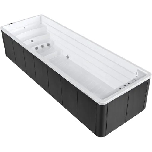 An image of a rectangular hot tub with white interior and dark-colored exterior panels, featuring SPATECH TP10 Touchscreen Controls. The built-in bench and several Patented 3-inch Power Flow Swim Jets along one side are designed for relaxation and hydrotherapy in the Oasis Riptide - Atlantis Pro Premium 7.0 Swim Pool with Inverter by Oasis Spas.