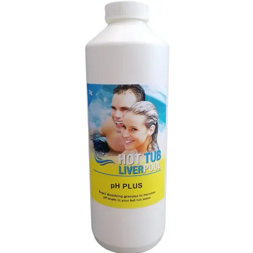 A 1kg white bottle of "Hot Tub Liverpool pH Plus" by Hot Tub Liverpool featuring a label with a man and woman in a pool. This spa water treatment product is used to quickly dissolve granules to increase pH levels in hot tub water.