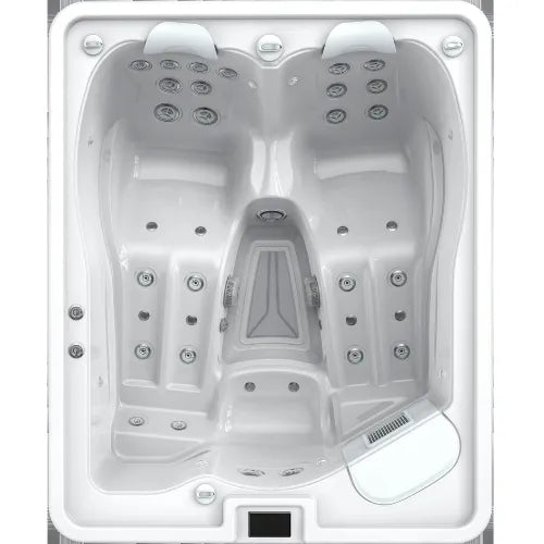 A top-down view of the white OASIS - MAUI - HEB170S - (20 Amp) reveals ergonomic seating for two, each with headrests and multiple water jets. One seat is wider than the other, both positioned around a central rectangular footwell. Easy-to-reach control buttons are located at the edge of this Spatech control system-enabled tub by Hot Tub Liverpool.