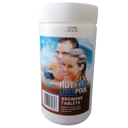 A white plastic container labeled "Hot Tub Liverpool Bromine Tablets" by Gold Horizons with an image of a smiling man and woman in a hot tub on the front. Perfect for spa maintenance, the product sanitizes pool and spa water efficiently. The container has a white screw-top lid.