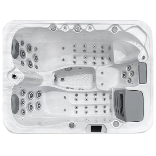 Top view of a compact hot tub filled with multiple jet nozzles and seating areas. Featuring various customizable jet configurations, headrests, and a Balboa Control System on the side, the interior is clean and spacious, designed for relaxation and hydrotherapy. Introducing the Atlanta - 2-3 Person Hot Tub by Hot Tub Liverpool.