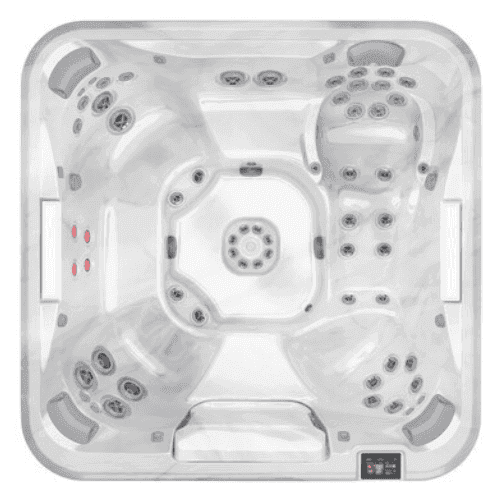 Top view of a hot tub with multiple jets and a control panel.
