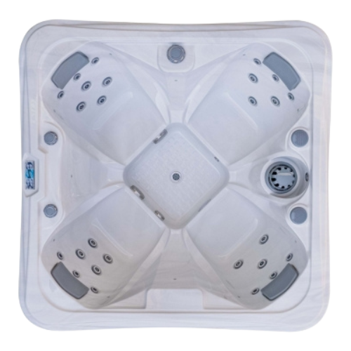 Top view of a white hot tub with gray jets on a white background