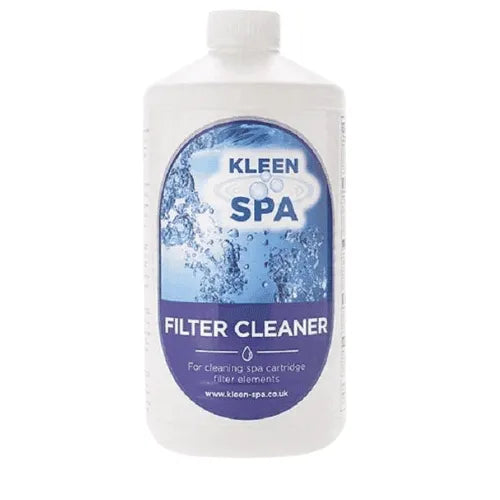 A white plastic bottle with a blue label reading "Kleen Spa Cartridge & Filter Cleaner." The label features images of water bubbles and provides information about the product's use for cleaning spa cartridge filter elements, removing oils and grease to enhance filter efficiency. The bottle has a white screw cap on top.